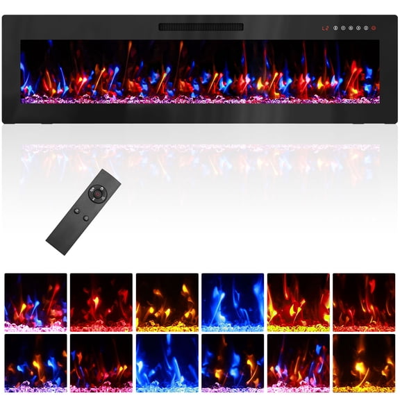BREEZEHEAT 60 inch Electric Fireplace Inserts-Recessed Fireplace for TV Stand, with Remote Control, 12 Flame Colors, 5 Brightness, 8H Timer, Overheat Protection, 750/1500W