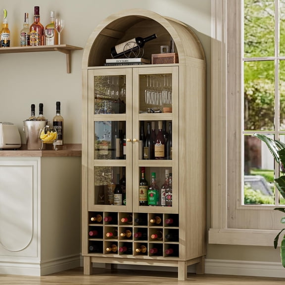 BREEZEHEAT Arched Cabinet with Glass Doors, 70" Tall Bar Cabinet Farmhouse Whiskey Station with Wine Rack and Glasses Holder, Liquor Bar Cabinet for Home Kitchen Living Dining Room, Light Oak