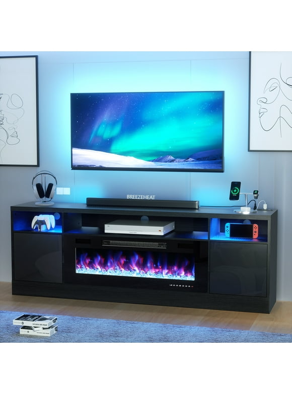 BREEZEHEAT Electric Fireplace TV Stand-70 inch TV Stand with 36" Electric Fireplace-Living Room Tv Cabinet with Storage for TVs Up to 80"-Led Entertainment Center，Modern Media Console (Black)