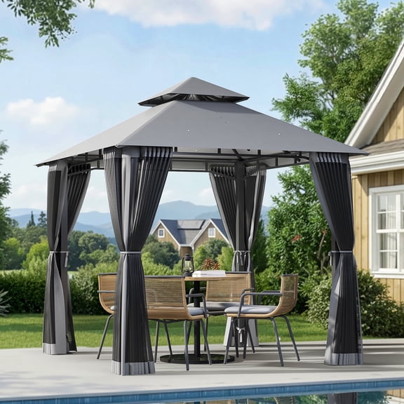 BREEZESTIVAL 8X8ft Patio Gazebo Outdoor Gazebo with Double Roof Metal Frame Canopy Carpas Para Patio Heavy Duty Shelter with Mosquito Net Screen for Backyard Lawn Garden Deck(Grey)