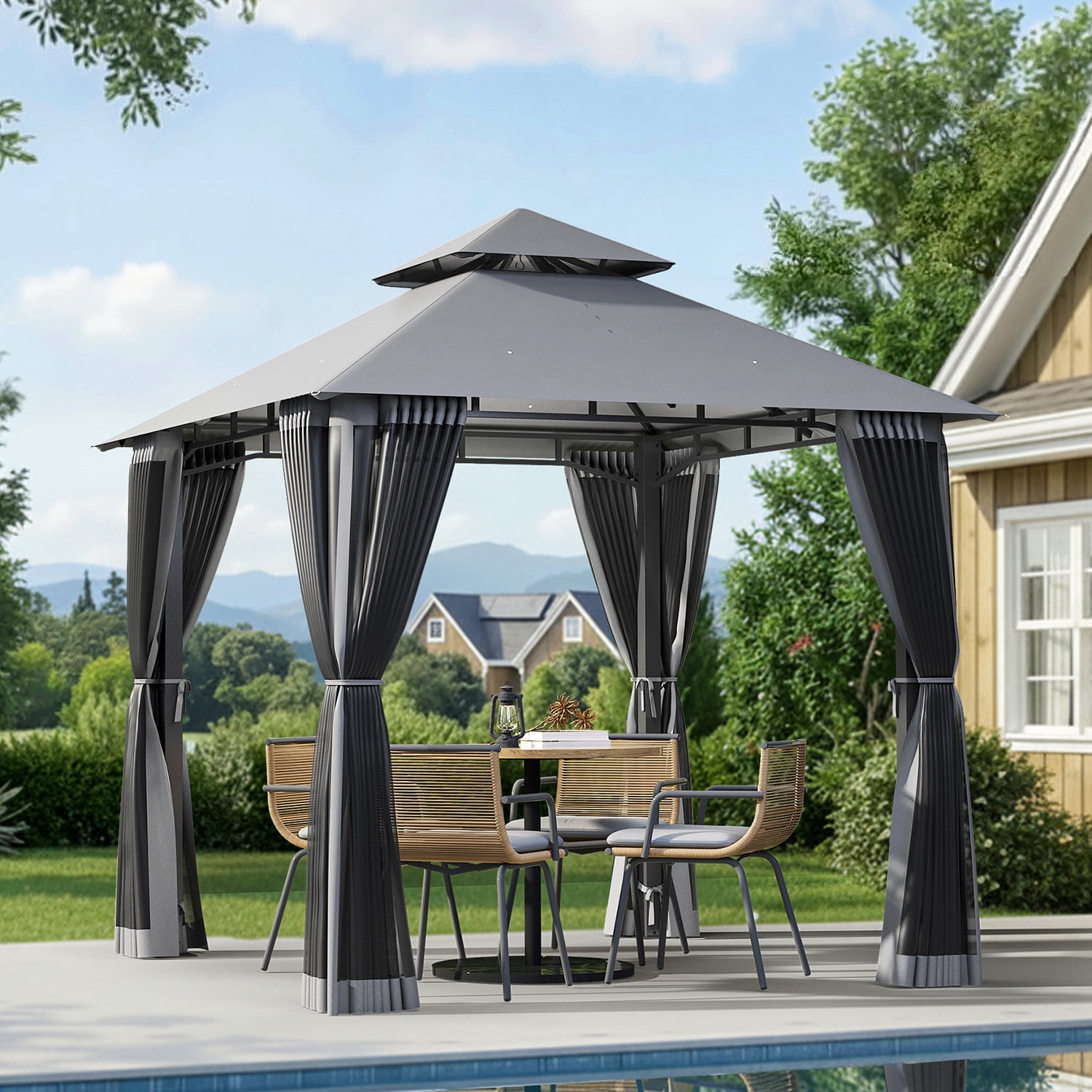 BREEZESTIVAL 8X8ft Patio Gazebo Outdoor Gazebo with Double Roof Metal Frame Canopy Carpas Para Patio Heavy Duty Shelter with Mosquito Net Screen for Backyard Lawn Garden Deck(Grey)