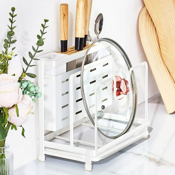 BREIS Cutting Board Holder, 5 in 1 Metal Chopping Board Organizer Pan Pot Cover Lid Rack Stand with Utensil Knife Holder, Kitchen Organizer Rack for Cabinet and Countertop