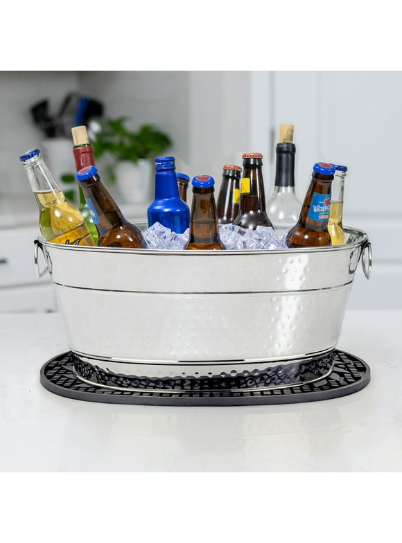 BREKX Colt Drink Bucket 17.5"L x 13"W x 7.5"H Hammered Stainless Steel with Party Mat