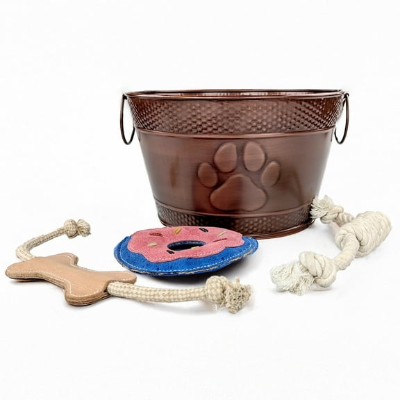 BREKX Home + Party Metal Dog Toy Box with 3 Dog Toys, For Aggressive Chewers, Bronze, Round & Paw