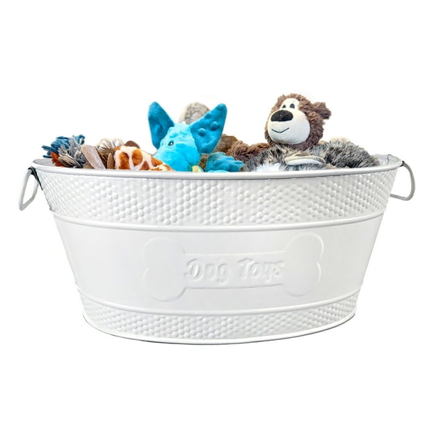 BREKX Home + Party Metal Indestructible Dog Toy Bin in Hammered White