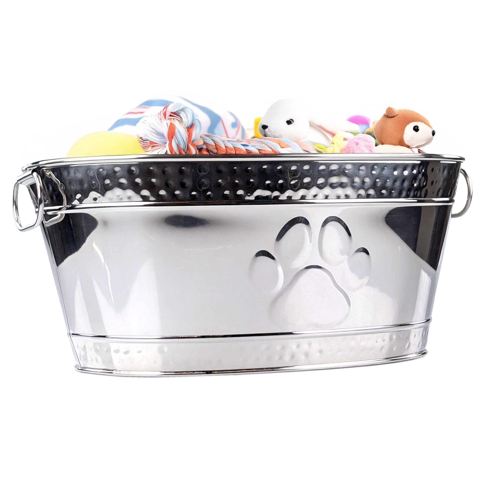 BREKX Easy to Clean Dog Toy Bin with Metal Handles for Scratch Resistant Silver Oval 18"L x 13"W x 7.5"H