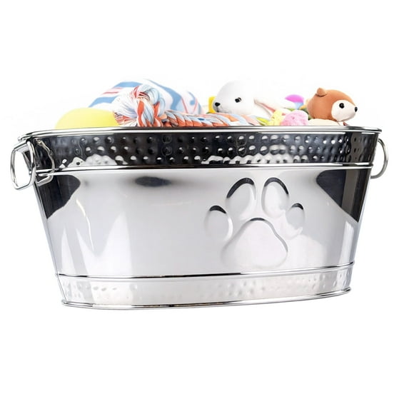 BREKX Easy to Clean Dog Toy Bin with Metal Handles for Scratch Resistant Silver Oval 18"L x 13"W x 7.5"H