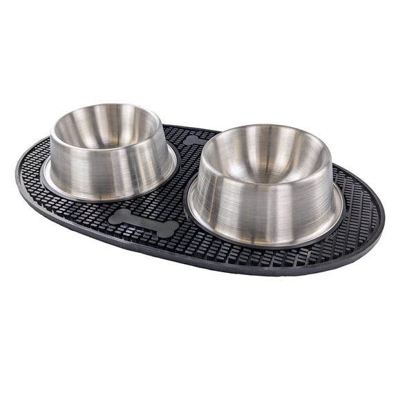 BREKX Berkshire Non-Slip Regular Stainless Steel Double Bowl Set with Spill Mat for Dogs, Silver Dog Bone