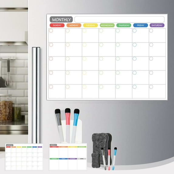 BRELIL 2Pcs Reusable Magnetic Calendar For Fridge, Dry Erase Whiteboard Planner For Kitchen Refrigerator, Large 16.5x11.8 Inch Monthly Weekly Organizer With Eraser Markers For Home Office Study