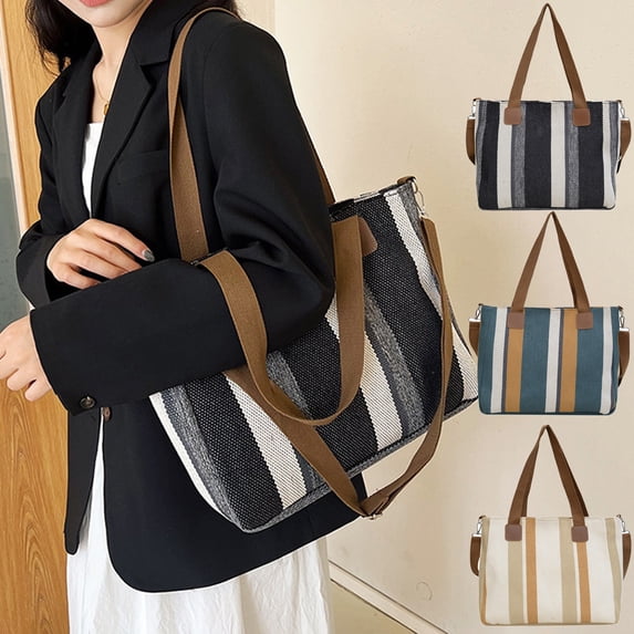 BRELIL 3Pcs Trendy Striped Canvas Tote Bag, Large Capacity Durable Handbag For Women, Extra Wide 14 Inch Shoulder Bag For Work Commute Travel Shopping
