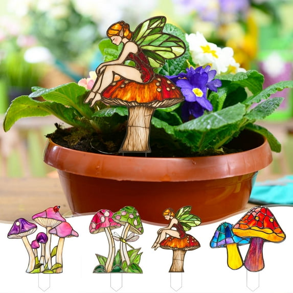 BRELIL 4Pcs Mushroom Planter Decor, 3D Potted Flower Plug-in Ornament, Cute Fairy Garden Decorations for Succulents Moss, Miniature Plant Accessories for Home Balcony Desk DIY
