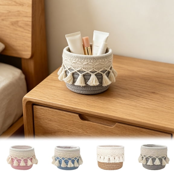 BRELIL 4Pcs Small Macrame Storage Basket, Bohemian Woven Organizer With Tassels, Polyester Rope Basket For Cosmetics Desk Bathroom Organization