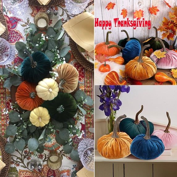 BRELIL 5Pcs Velvet Pumpkins Decor, Soft Stuffed Pumpkin Ornaments 15x15cm, Plush Autumn Halloween Thanksgiving Table Centerpiece, Fall Harvest Home Kitchen Shelf Decoration