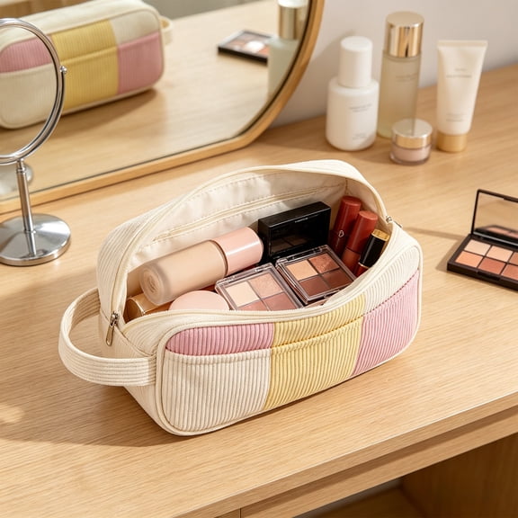 BRELIL Corduroy Portable Storage Bag, Travel Cosmetic Organizer Pouch, Large Capacity Carry All Tote for Toiletry Makeup Clothes, Handbag for Travel Gym Beach Weekend