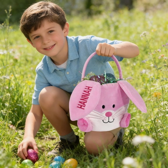 BRELIL Easter DIY Decoration Basket, Resurrection Bunny Craft Basket With Fluffy Eggs, Easter Egg Hunt Storage Basket For Home Party Church Spring Holiday Decorations