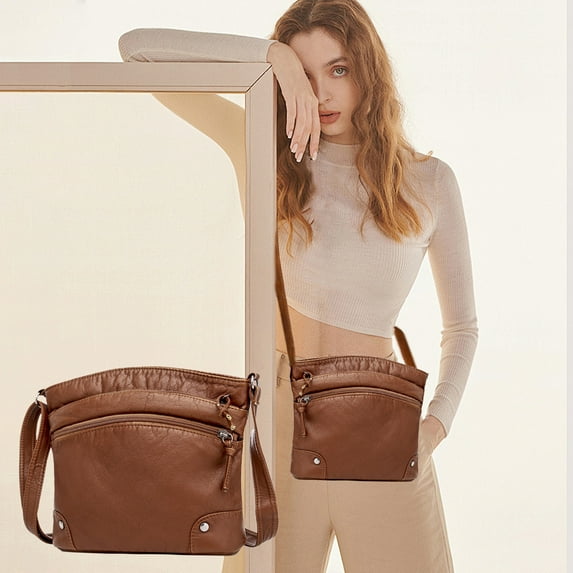 BRELIL Genuine Leather Crossbody Bag, Vintage Style Women Shoulder Bag, Multi-Layer Bucket Bag Adjustable Strap For Daily Use, Spacious Tote For Work Travel Shopping