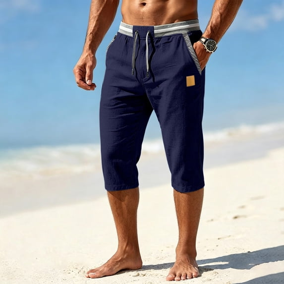 BRELIL Men Plus Size Capri Pants Drawstring Loose Fit Summer Casual Beach Vacation Shorts Lounge Trousers Solid Outdoor Travel Bottoms, Navy 2XL