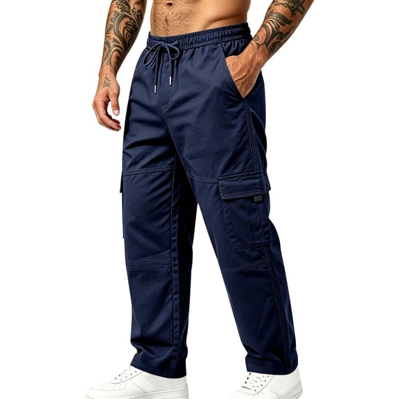 BRELIL Men's Plus Size Cargo Pants Loose Fit Drawstring Elastic Waist Hiking Joggers Casual Streetwear Outdoor Work Trousers Solid Fall Fashion, Navy M