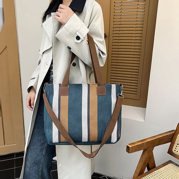 BRELIL Trendy Striped Canvas Tote Bag, Large Capacity Durable Handbag For Women, Extra Wide 14 Inch Shoulder Bag For Work Commute Travel Shopping
