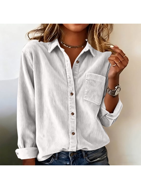 Women Collared Corduroy Long Sleeve Button Down Solid Casual Shirt Shacket Fall Winter Outfits, White M