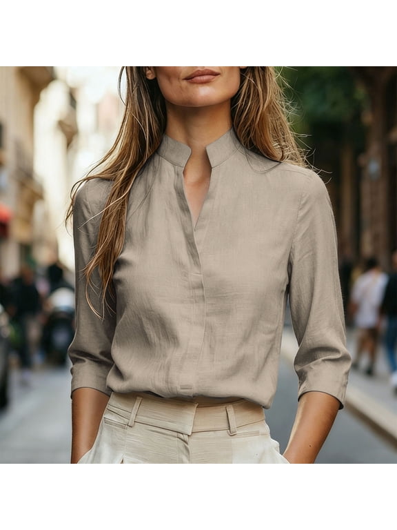Women Fall Long Sleeve Button Down Blouse Casual Stand Collar Work Shirt Solid Office Top, Beige S