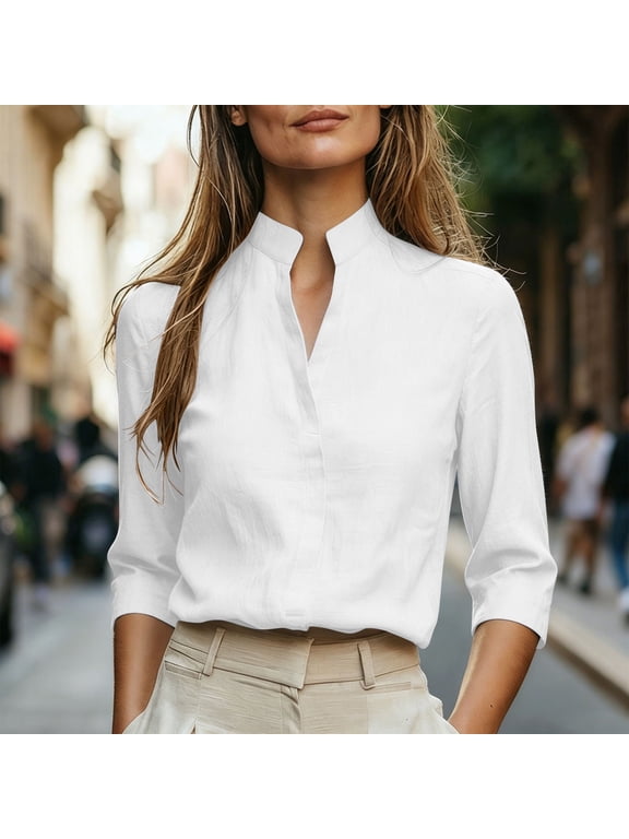 Women Fall Long Sleeve Button Down Blouse Casual Stand Collar Work Shirt Solid Office Top, White L
