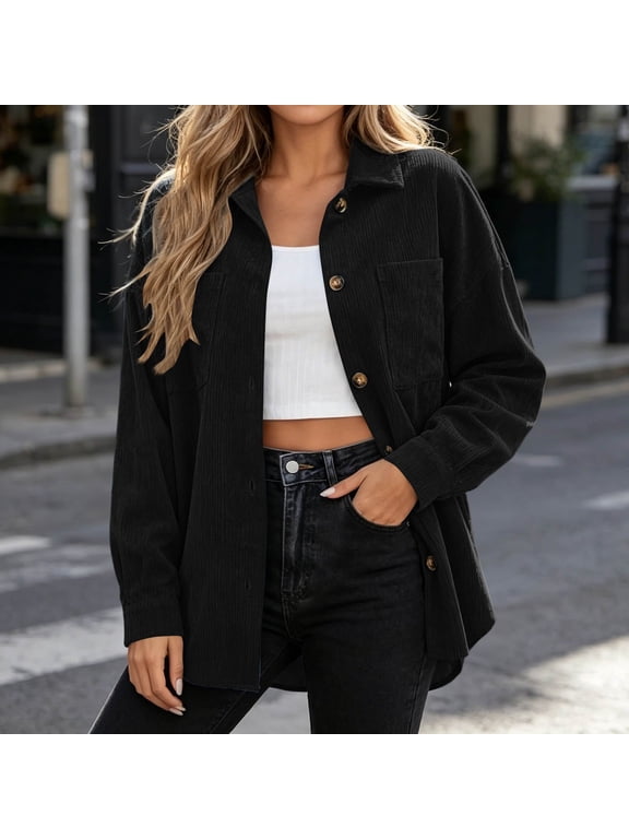 Women Fall Winter Collared Long Sleeve Button Down Open Front Casual Shacket Solid Basic Loose Outwear, Black 2XL