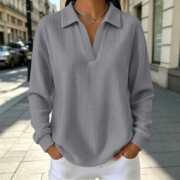 BRELIL Women Fall Winter V Neck Knit Pullover Long Sleeve Collared Casual Tops Solid Loose Blouse Sweater for Women Cozy Daily Outfit, Gray XL