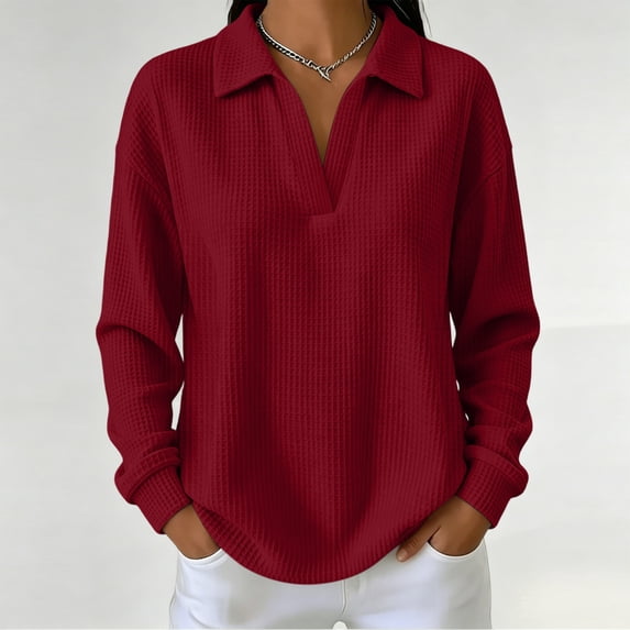 BRELIL Women Fall Winter V Neck Knit Pullover Long Sleeve Collared Casual Tops Solid Loose Blouse Sweater for Women Cozy Daily Outfit, Red L