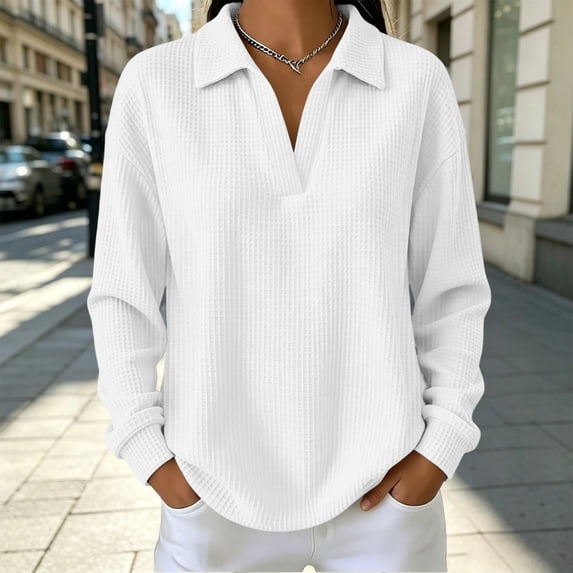 BRELIL Women Fall Winter V Neck Knit Pullover Long Sleeve Collared Casual Tops Solid Loose Blouse Sweater for Women Cozy Daily Outfit, White 2XL