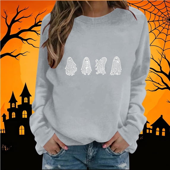 BRELIL Women Halloween Long Sleeve Pullover Crew Neck Casual Graphic Sweatshirt Fall Outfit Solid Basic Top, Gray 2XL