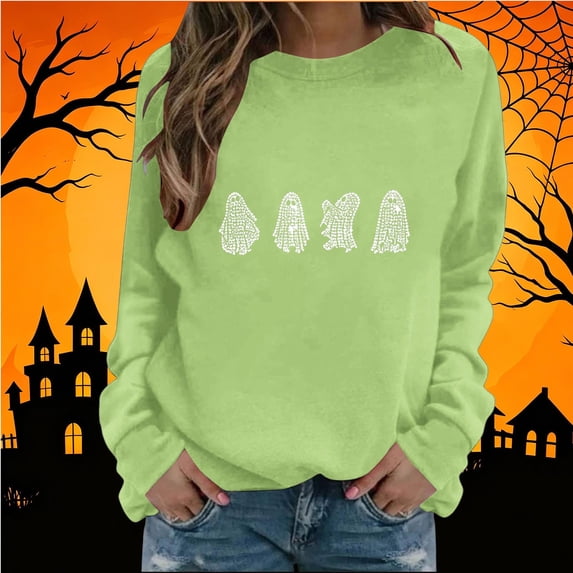 BRELIL Women Halloween Long Sleeve Pullover Crew Neck Casual Graphic Sweatshirt Fall Outfit Solid Basic Top, Green XL