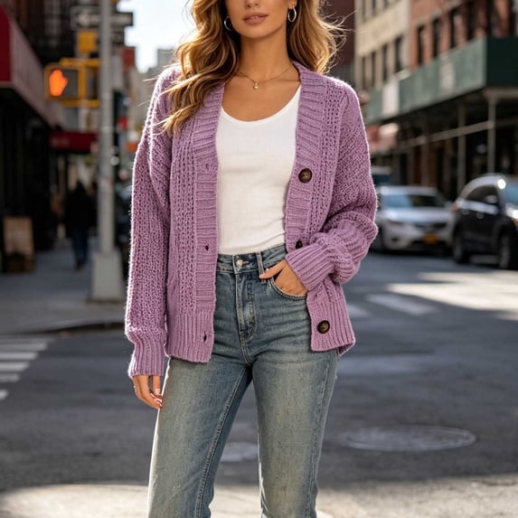 BRELIL Women Plus Size Cardigan Fall Winter Long Sleeve Knitted Open Front Button Down Sweater Boho Casual Solid Outerwear for Women, Purple M