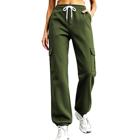 BRELIL Women Plus Size Cargo Pants Drawstring Loose Long Pants Solid Casual Streetwear Activewear Lounge Travel Outfits, Army Green 3XL