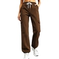 thumbnail image 1 of BRELIL Women Plus Size Cargo Pants Drawstring Loose Long Pants Solid Casual Streetwear Activewear Lounge Travel Outfits, Brown XL, 1 of 7