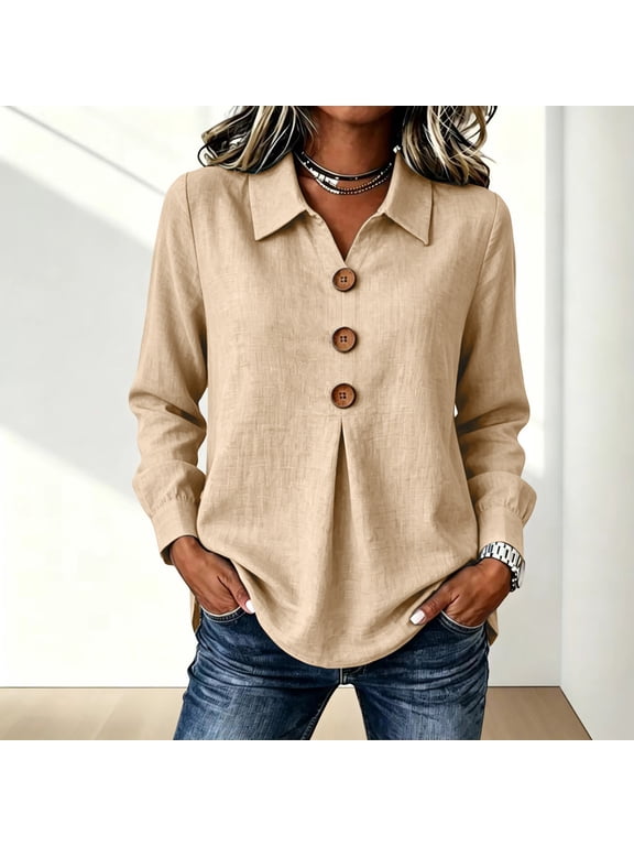 Women Plus Size Fall Long Sleeve Button Down Blouse Casual Solid Tunic Top Loose Fit Tee for Autumn Daily Wear, Beige 3XL
