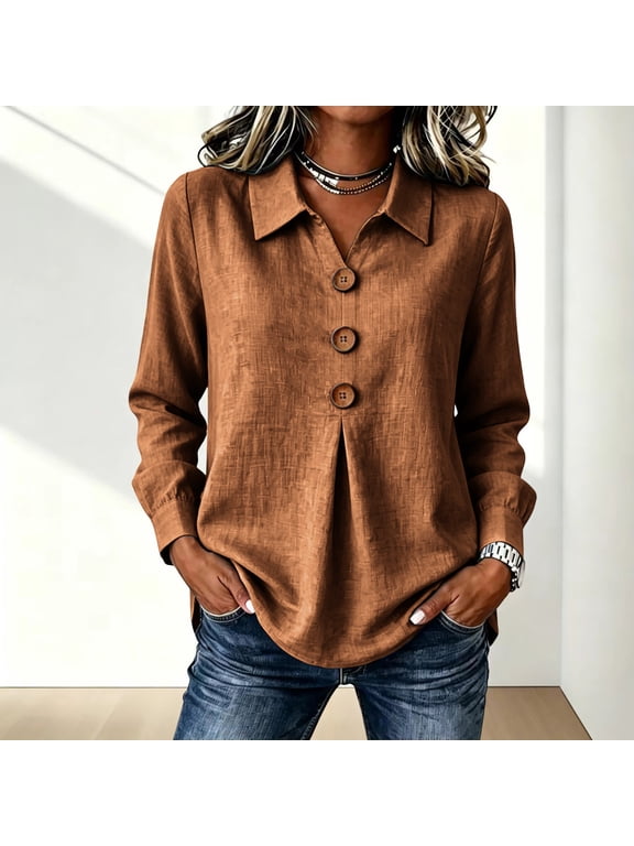 Women Plus Size Fall Long Sleeve Button Down Blouse Casual Solid Tunic Top Loose Fit Tee for Autumn Daily Wear, Brown XL