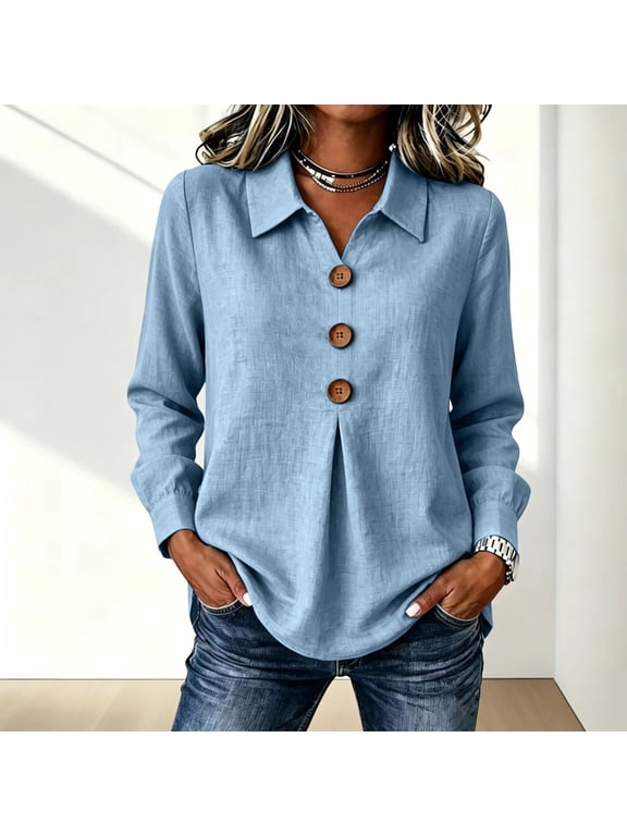 Women Plus Size Fall Long Sleeve Button Down Blouse Casual Solid Tunic Top Loose Fit Tee for Autumn Daily Wear, Light Blue S