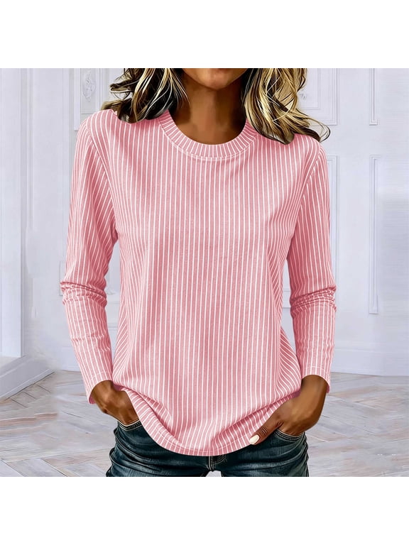 Women Plus Size Fall Long Sleeve Round Neck Pullover Tops Casual Solid Basic Tee Blouse for Autumn Outfit, Pink S