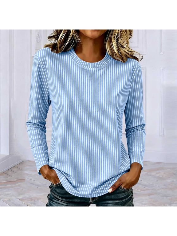 Women Plus Size Fall Long Sleeve Round Neck Pullover Tops Casual Solid Basic Tee Blouse for Autumn Outfit, Sky Blue L