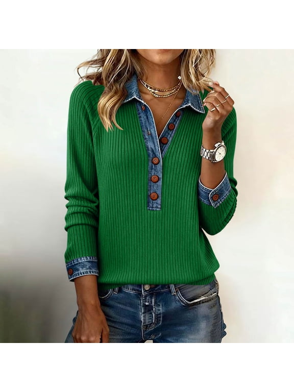 Women Plus Size Fall Winter Collared Long Sleeve Patchwork Pullover Tops Casual Button Down Sweatshirt Loose Fit Blouse Autumn Outfit, Green 2XL