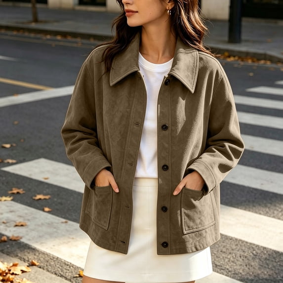BRELIL Women Plus Size Fall Winter Long Sleeve Button Down Shacket Collared Casual Solid Coat Outerwear Jacket, Coffee M