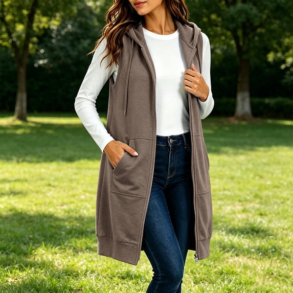 BRELIL Women Plus Size Sleeveless Zip Hooded Vest Fall Winter Casual Basic Coat Jackets for Women Outdoor, Coffee M