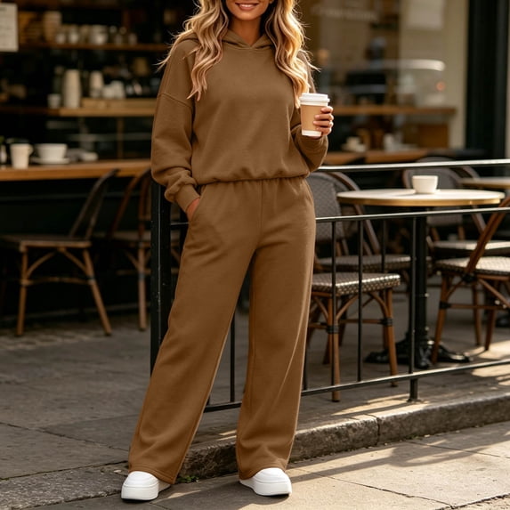 BRELIL Women Plus Size Two Piece Outfits Hooded Long Sleeve Pullover Tops Wide Leg Pants Casual Lounge Set Solid Basic Matching Tracksuit Fall Winter Travel Vacation, Brown L