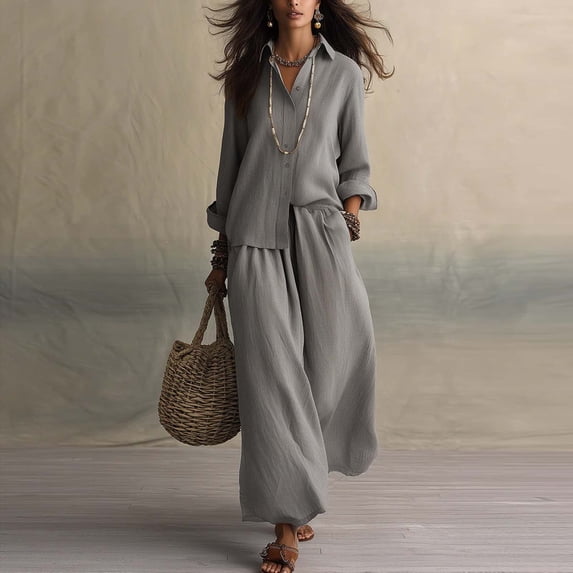 BRELIL Women Plus Size Two Piece Outfits Sets Long Sleeve Collared Button Shirt Wide Leg Pants Casual Lounge Set Solid Boho Vacation Travel Matching Tracksuit, Gray 2XL
