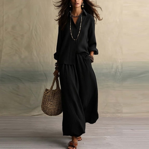 BRELIL Women Plus Size Two Piece Outfits Sets Long Sleeve Collared Button Shirt Wide Leg Pants Casual Lounge Set Solid Boho Vacation Travel Matching Tracksuit, Black 2XL