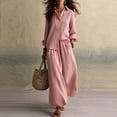 thumbnail image 1 of BRELIL Women Plus Size Two Piece Outfits Sets Long Sleeve Collared Button Shirt Wide Leg Pants Casual Lounge Set Solid Boho Vacation Travel Matching Tracksuit, Pink S, 1 of 6