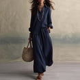 thumbnail image 1 of BRELIL Women Plus Size Two Piece Outfits Sets Long Sleeve Collared Button Shirt Wide Leg Pants Casual Lounge Set Solid Boho Vacation Travel Matching Tracksuit, Navy M, 1 of 5