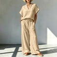 thumbnail image 1 of BRELIL Women Plus Size Two Piece Outfits V Neck Short Sleeve Tee Wide Leg Pants Casual Lounge Set Solid Boho Vacation Travel Loose Tracksuit, Khaki 2XL, 1 of 6