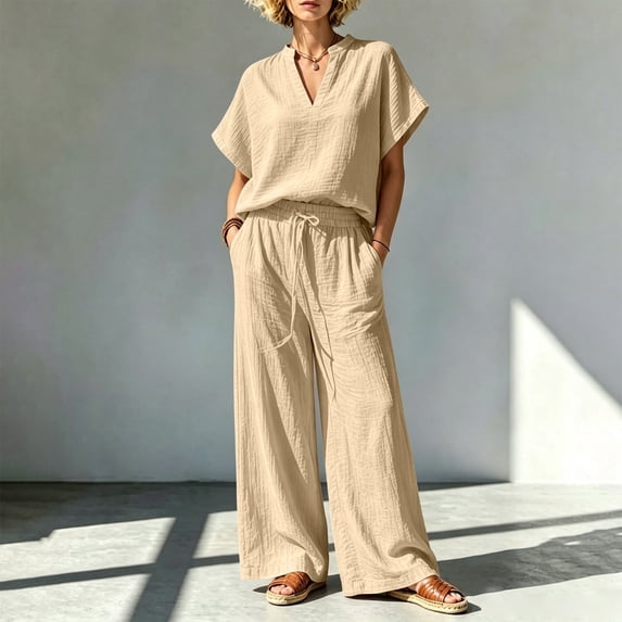 BRELIL Women Plus Size Two Piece Outfits V Neck Short Sleeve Tee Wide Leg Pants Casual Lounge Set Solid Boho Vacation Travel Loose Tracksuit, Khaki 2XL